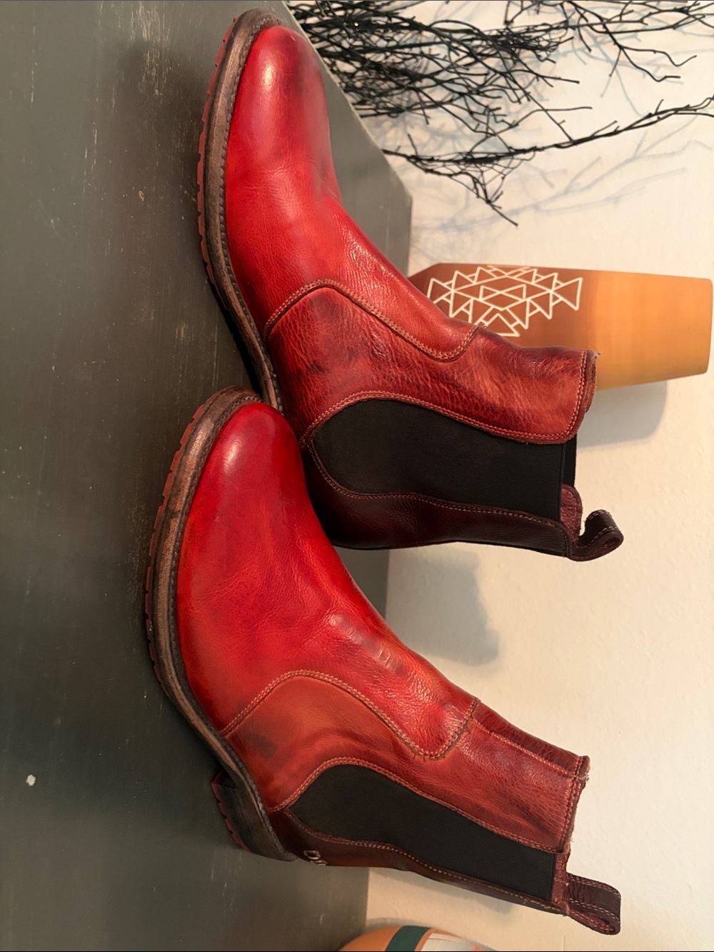 Bed Stu Red Leather Ankle Chelsea Boots with Black Elastic Panels